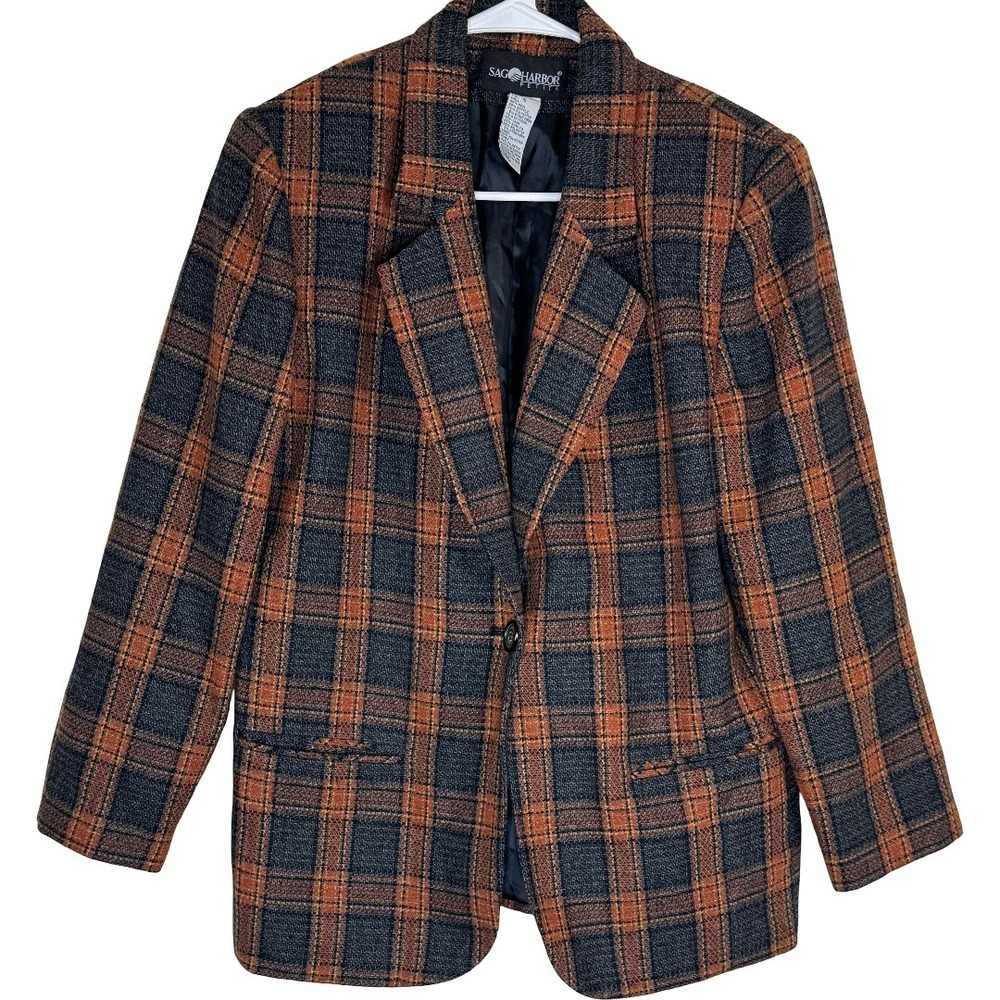 Sag Harbor Petite Vintage 90s Wool Blend Plaid Blazer Orange Brown Grey Size 10P